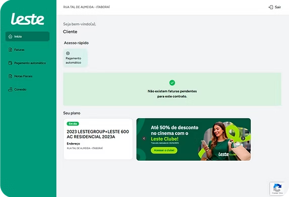 Tela inicial do portal do assinante da Leste